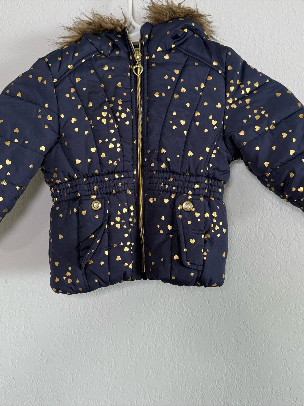 Rothschild 1881 Girls 2T Navy Gold Heart Puffer Coat Faux Fur Hood Winter Jack